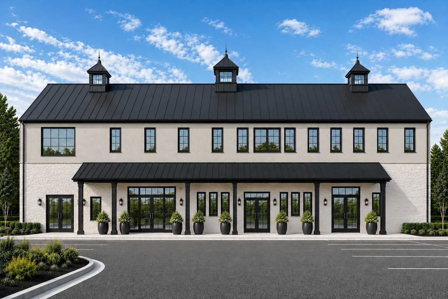 Architectural rendering of the NeighborHUB facility exterior in McKinney, Texas